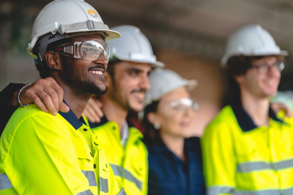 team of industrial workers in safety yellow jackets and white hard hats